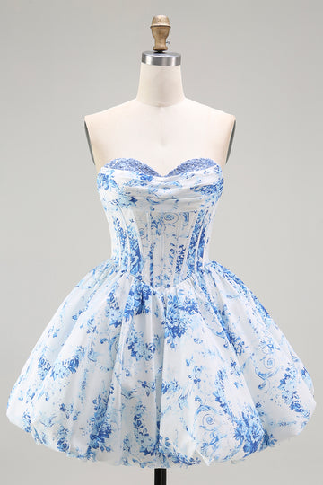 Strapless White Blue Flower A-Line Printed Homecoming Dress with Beading